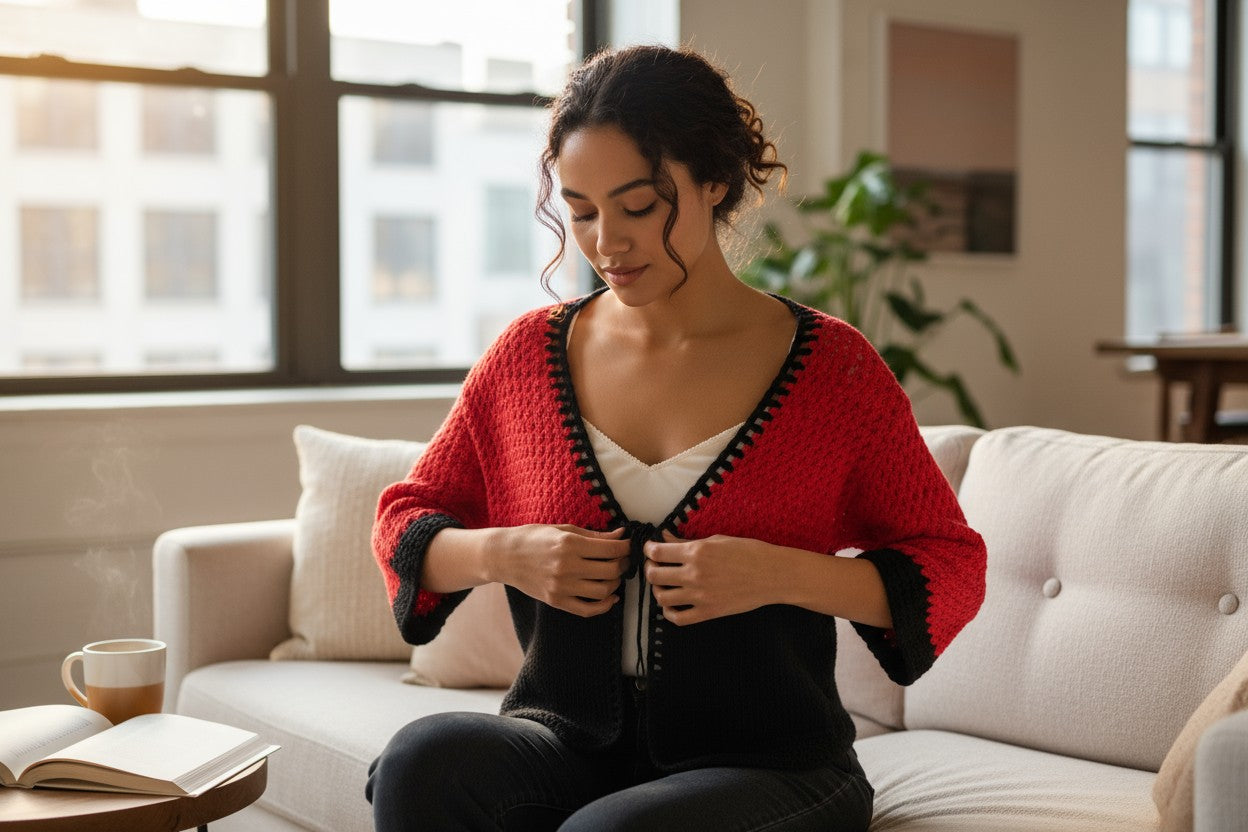 Red & Black Contrast Tie-Front Cardigan