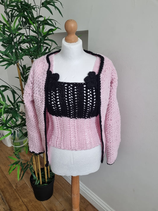 Pink and Black vest and Cardigan Set