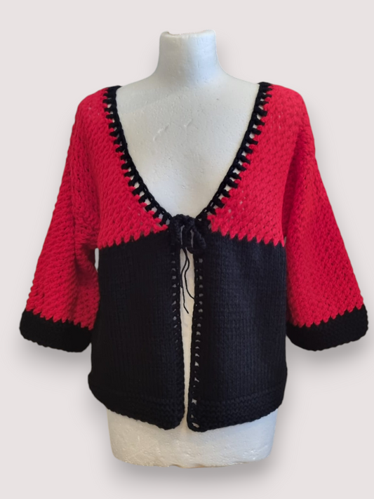 Red & Black Contrast Tie-Front Cardigan